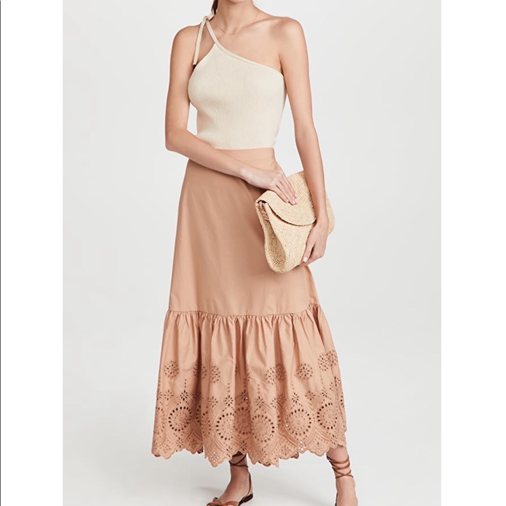 NEW MOON RIVER EYELET BEIGE LONG BOHO SUMMER SKIRT